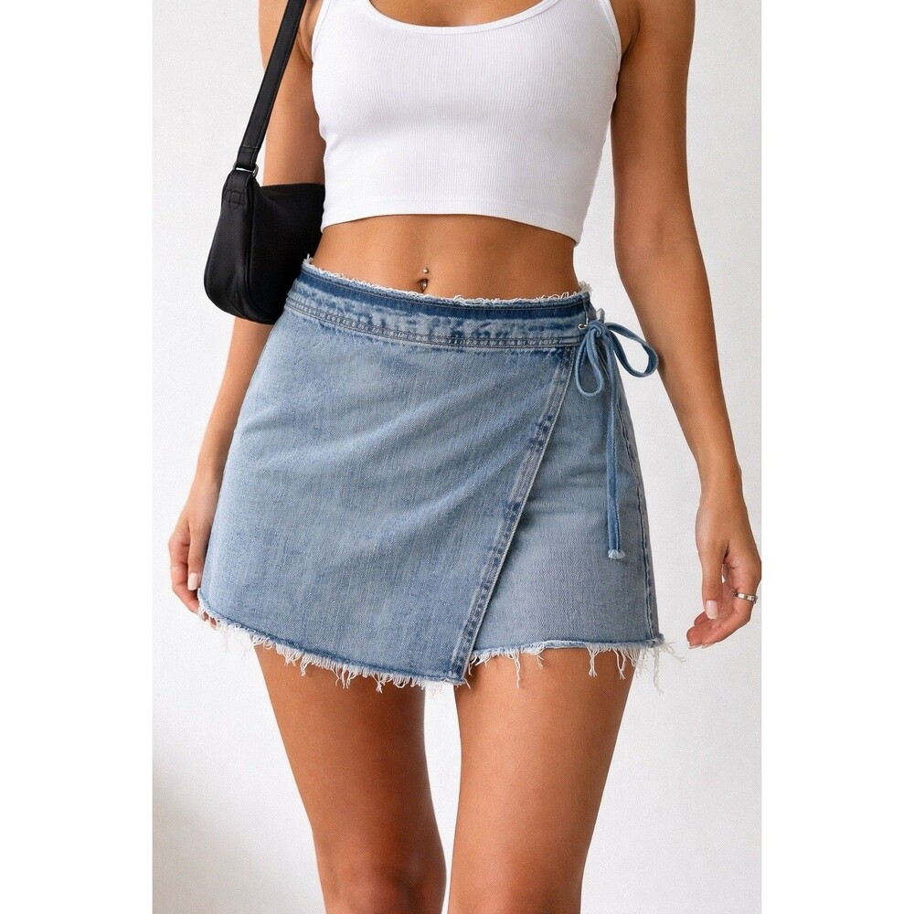Pistola True Wrap Denim Jean Mini Skirt Raw Hem Side Tie/ Snap Size 30 Grunge